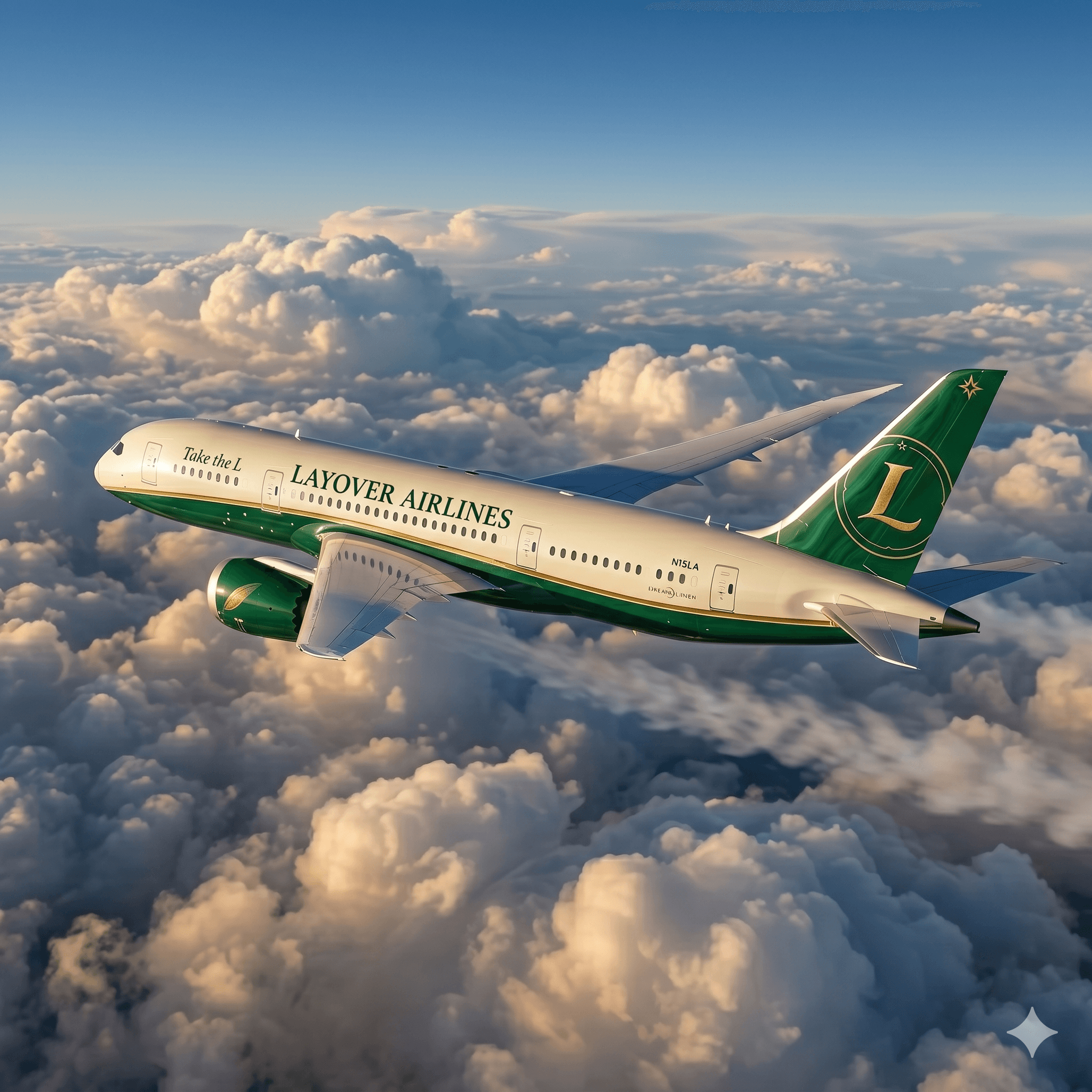 Layover Airlines aircraft flying above the clouds