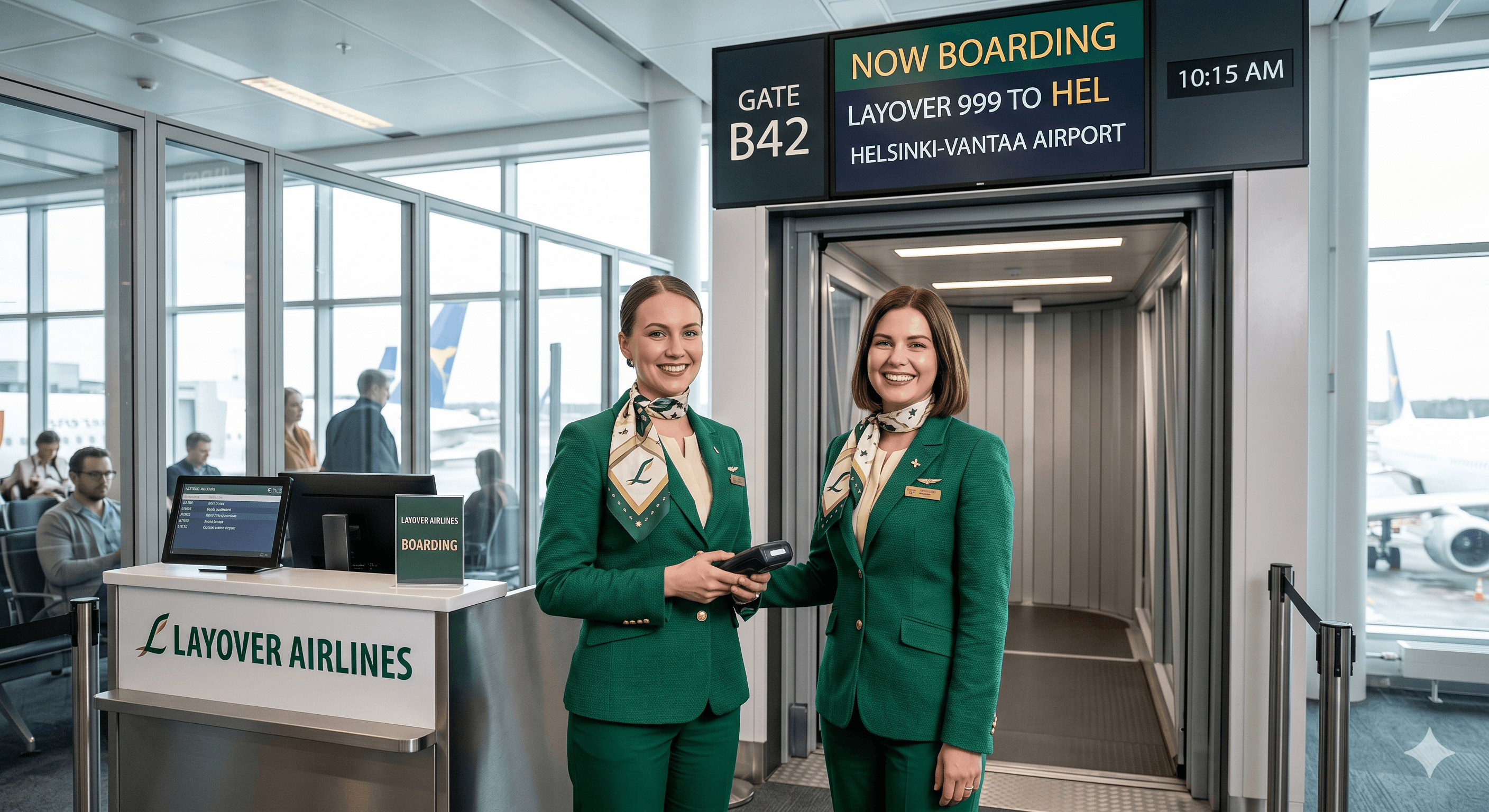 Layover Airlines gate employees welcoming passengers
